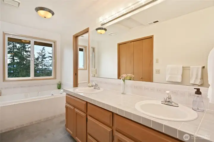 Jetted tub, double vanity, separate shower, and walk-in closet in the primary bath