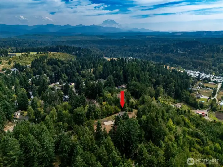 Mt Rainier to the southwest with red arrow marking the home location