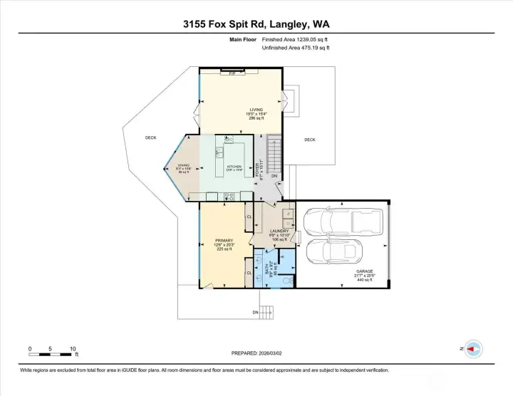 Main level Floorplan, including 2 car Garage Front Deck & Back Deck