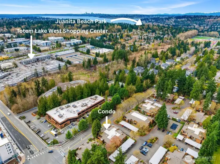 Aeria view of the condo in relation to Totem Lake West Shopping Center and Juanita Beach Park.