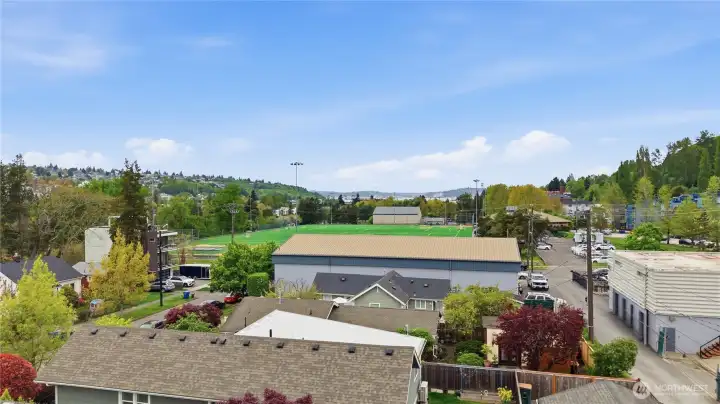 View of Delridge Playfield taken from 40 ft above ground level
