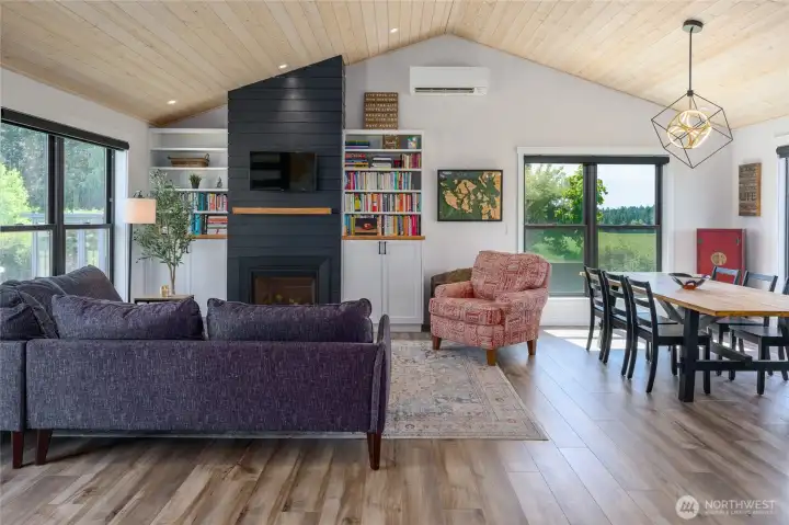 The "great room" has vaulted, pine ceiling and propane fireplace.