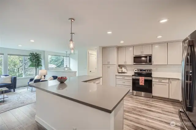 Stunning Open Concept Kitchen Boasting Updated Cabinets, Quartz Countertops and Stainless Steel Appliances