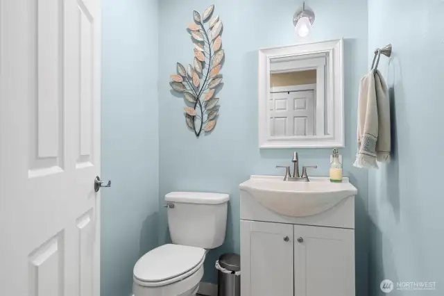 Half-bath just off the family room .