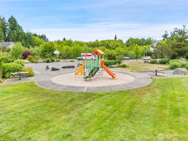 Park amenities include picnic tables, a HUGE grassy area, and play equipment.