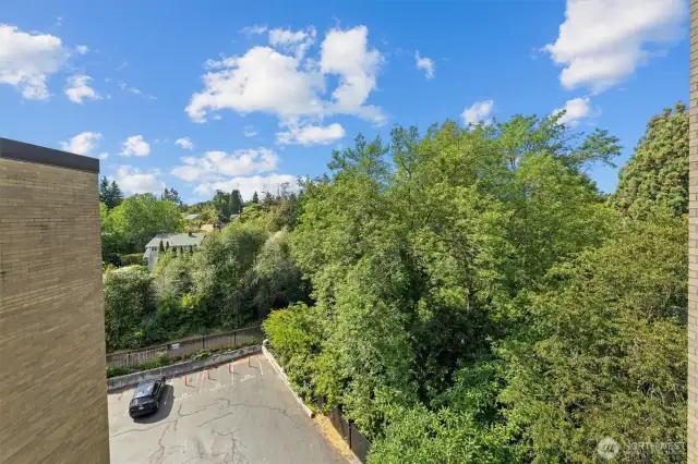 From the breezeway, enjoy a peek at the lush greenbelt and the Burke-Gilman Trail just below. Perfect for daily walks, bike rides, or simply soaking in the view. The large private parking area is available for you and your guests.