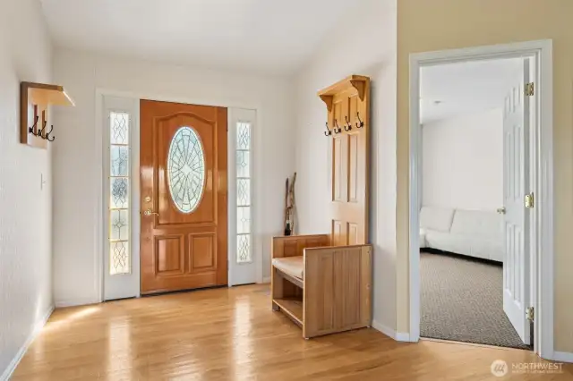 Inside the front door. Bedroom one on the right.