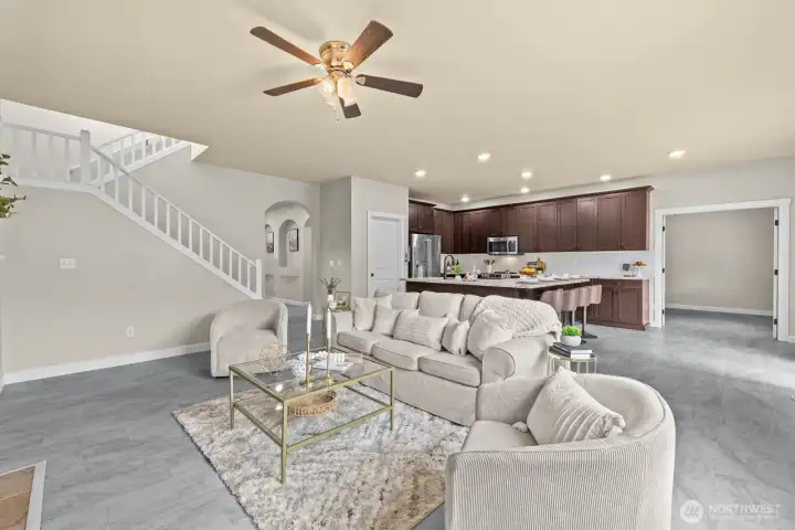 Open concept bright & tall kitchen and living room