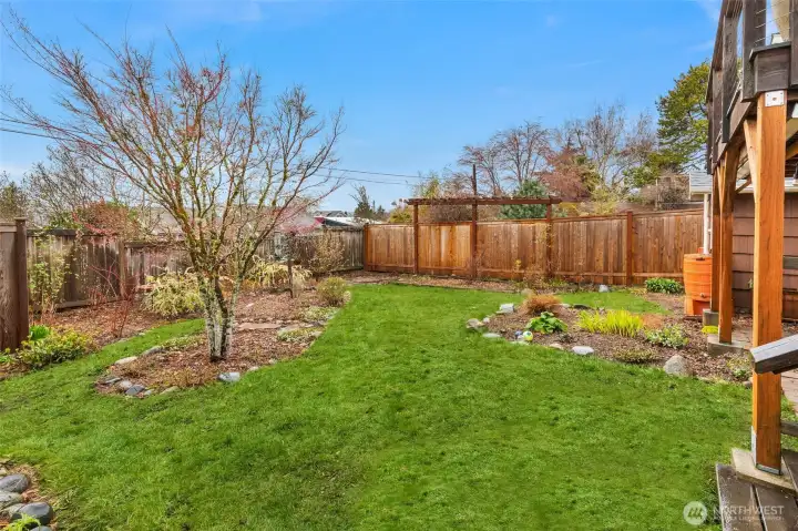 Spacious fully fenced yard with beautiful plants and flowers blooming in the spring.