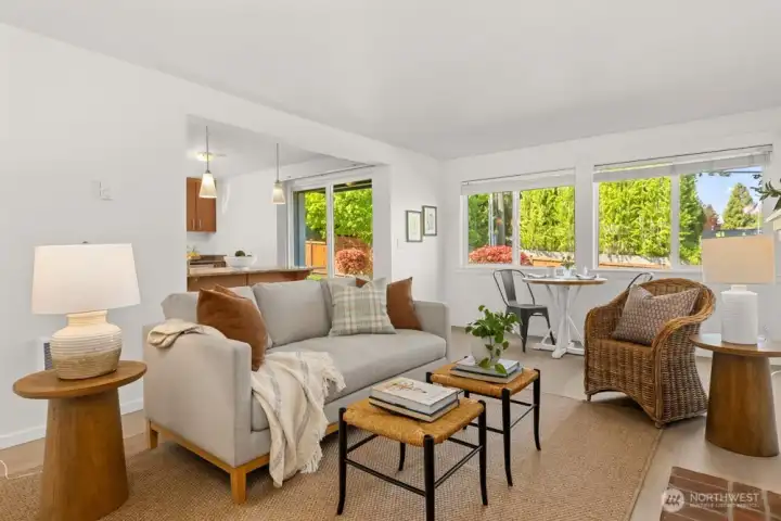 Living room open to dining space and kitchen