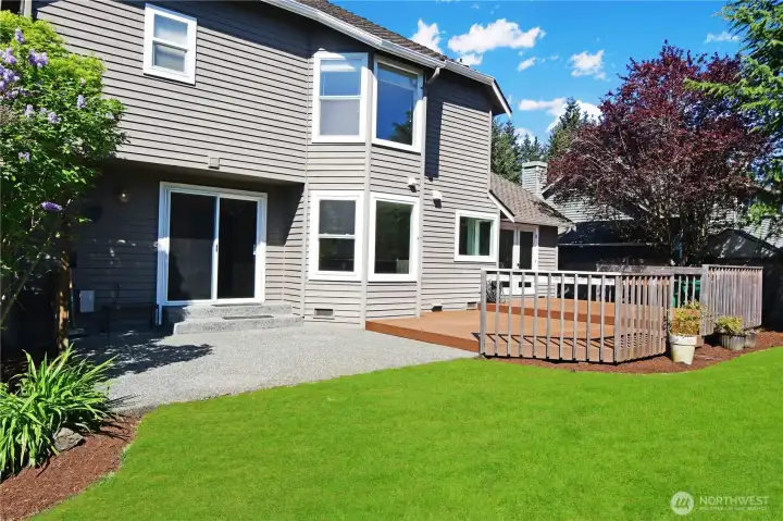 Enjoy a patio and a large deck. The sliding door to the patio is off the TV room while the deck from the dining room and kitchen. Great layout.