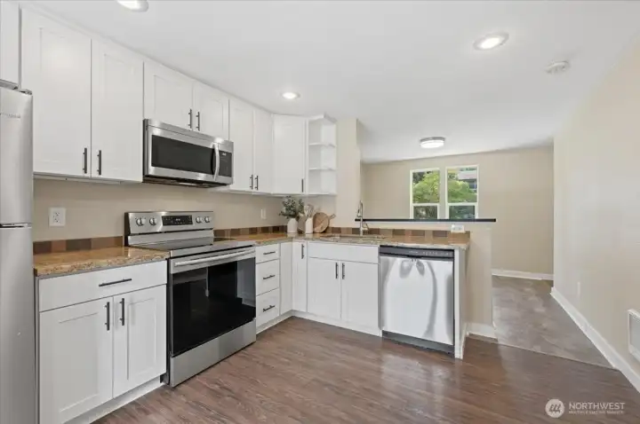 Kitchen connects to dining area