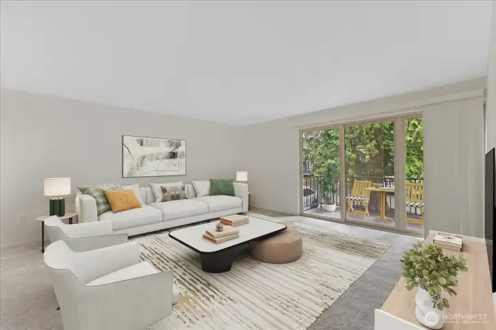 Virtually staged living room with sliders out to balcony.