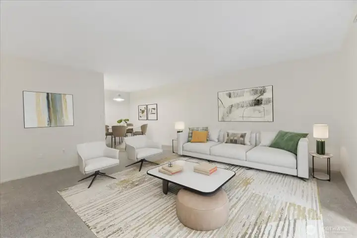 Virtually staged living room with dining room beyond.