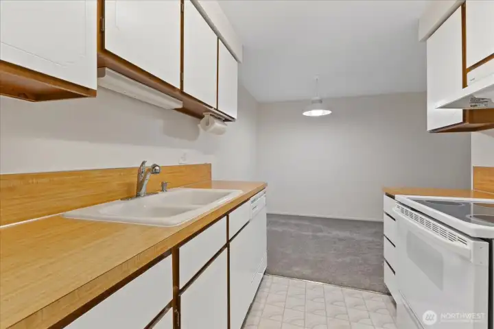 Gleaming kitchen with a view of the dining room.