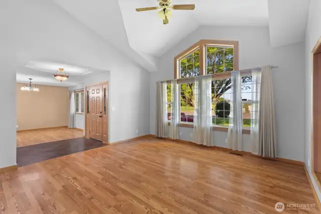 Front door with dining room on one side and living room on this side