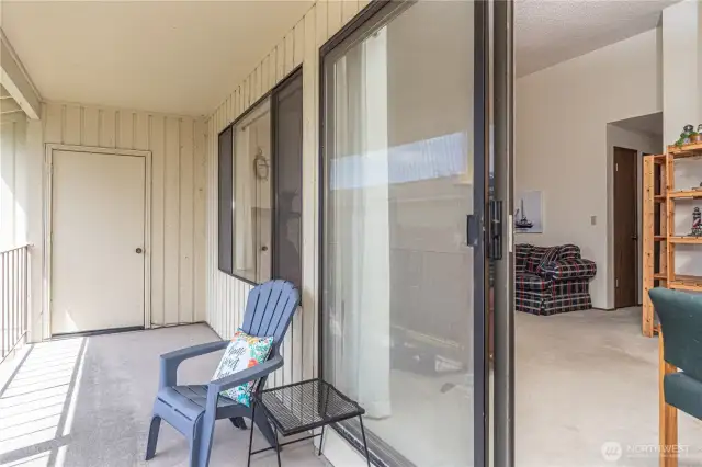 Large balcony has plenty of space for seating and a gas bbq! Storage closet in the foreground.