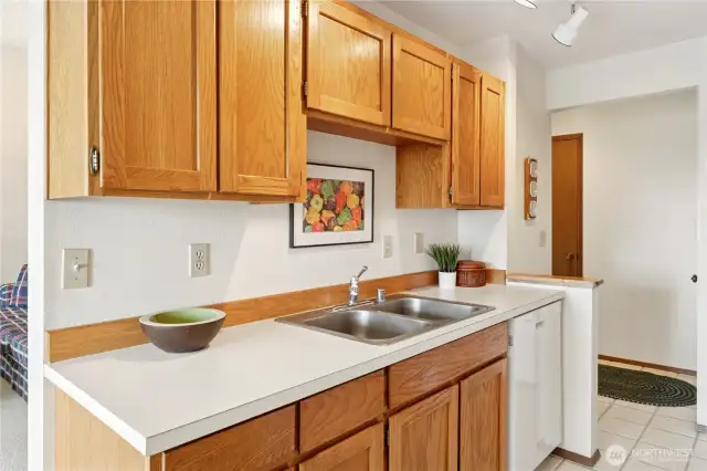 Kitchen with all appliances.  In the foreground is a coat closet.