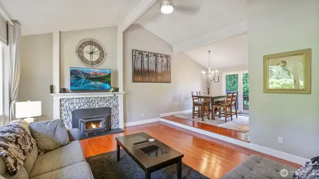 Just a step up from the living room, the dining area offers the perfect flow for meals and gatherings
