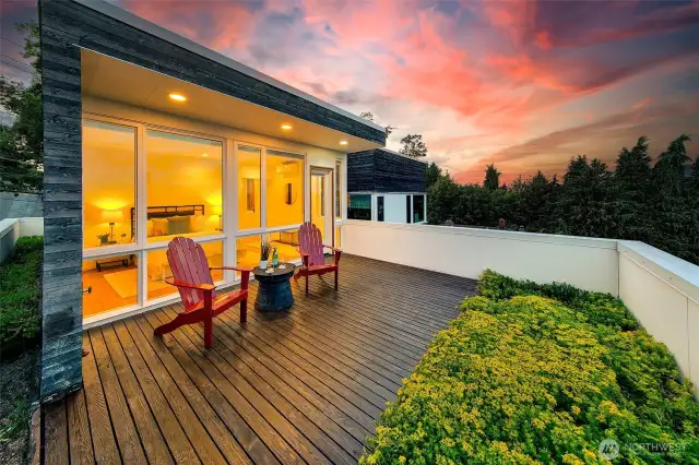 Where Sky Meets Canopy  Framed by treetops and glowing skies, this rooftop retreat invites quiet reflection and deep connection to the rhythms of the Northwest. One of many ways Harold’s Place honors the land it rises from.