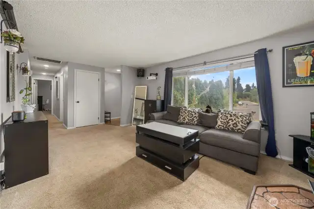 Natural light pours through the oversized front-facing window, perfectly complementing the warmth of the wood stove. A peaceful and inviting spot for cozy evenings or enjoying views of the front yard.