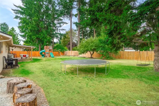 The backyard is a dream for outdoor fun—featuring a large trampoline, swings, and a generous lawn for activities or entertaining. Stump seats add a rustic touch to the gravel-lined path along the home.