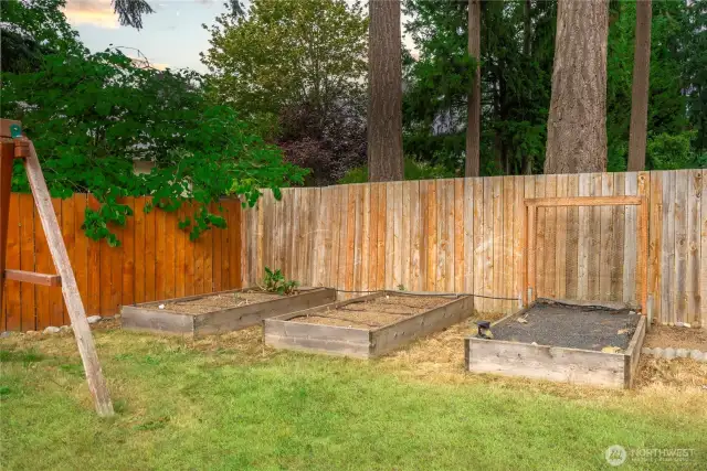 Tucked into a quiet corner of the yard, these four raised garden beds offer the perfect space for growing vegetables, herbs, or flowers. Surrounded by a fully fenced backdrop and nestled under towering evergreens, this area provides both privacy and potential for your green thumb to thrive.