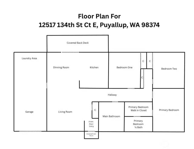 This well-designed floor plan offers seamless flow from the spacious living room into the dining area and kitchen, all leading out to a covered back deck—ideal for entertaining. Bedrooms are thoughtfully grouped down the hallway, with the primary suite tucked away for added privacy. Functional spaces like the separate laundry area and attached garage add to the home’s smart, efficient layout.