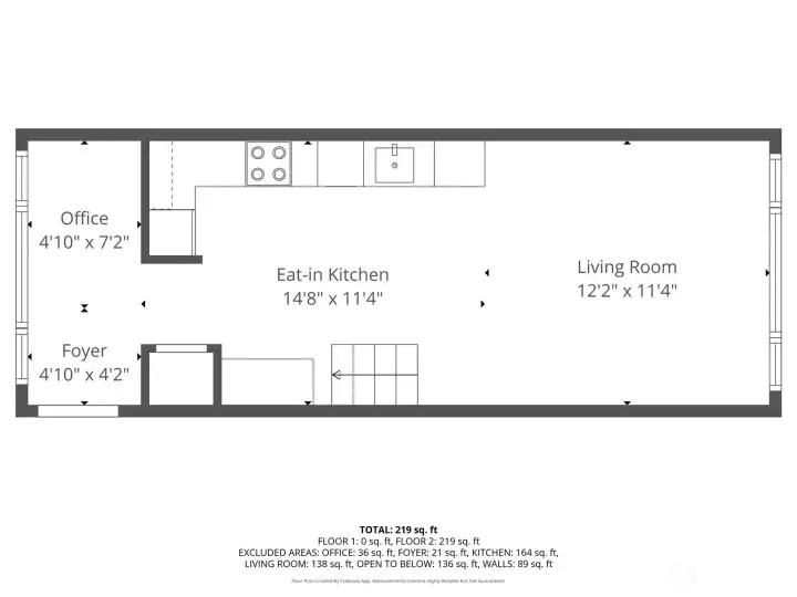 Main level floor plan: open living + kitchen with bonus office nook.