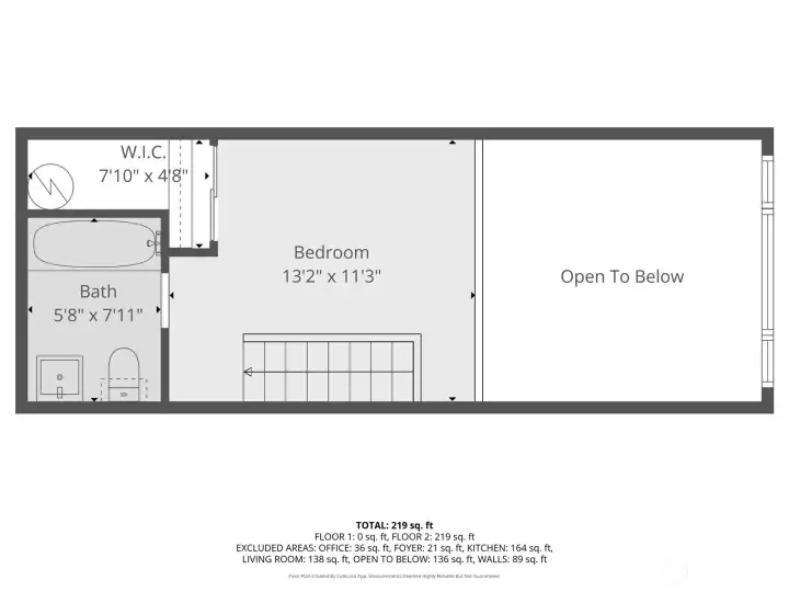 Upper level floor plan: loft bedroom with oversized closet + full bath.