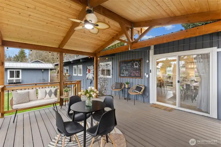 Wired with cafe lights and ceiling fan.