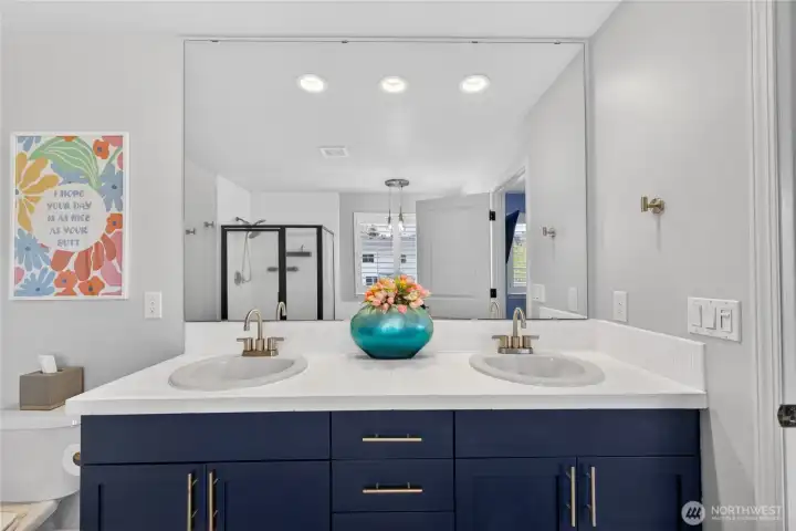 Spacious double vanity.