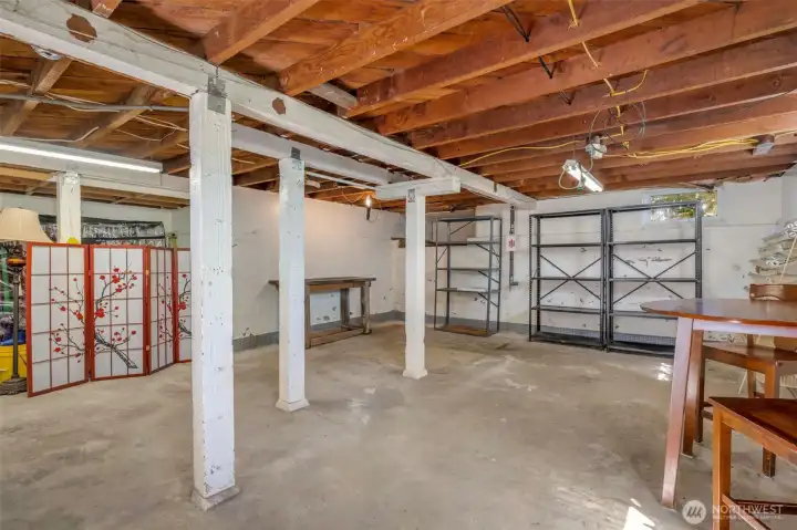 Full basement has great ceiling height.
