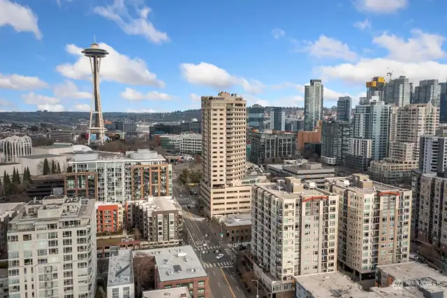 Looking east toward the Space Needle and Seattle Center. The twin towers of the Ellington are in the foreground lower right.  The deck of the unit can be seen bottom of the north side tower on the front.