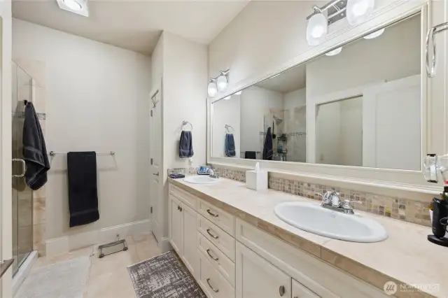 Primary bathroom with double sinks and