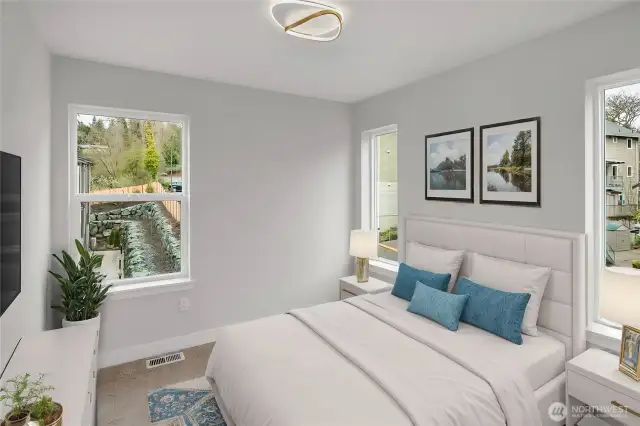 Bright bedrooms upstairs - tall windows! (virtually staged)