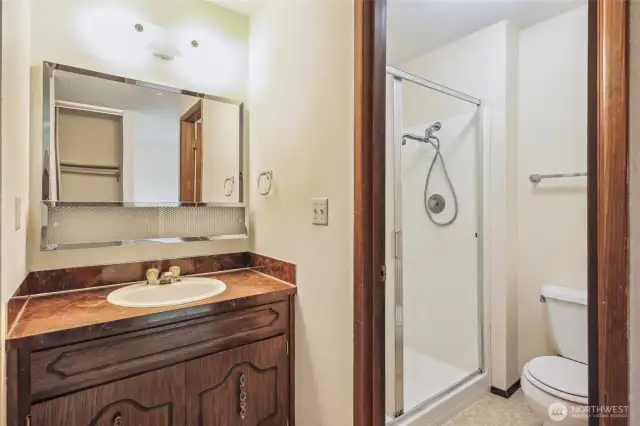 Vanity and Walk In Shower /  Commode space in the Primary Bedroom.