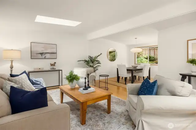 Skylights throughout the home add natural light, even in the evenings.