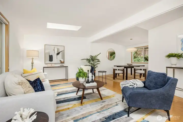 Skylights throughout the home add natural light, even in the evenings.
