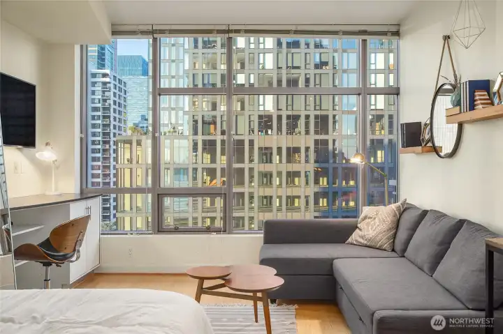 Floor to ceiling windows let in ample natural light