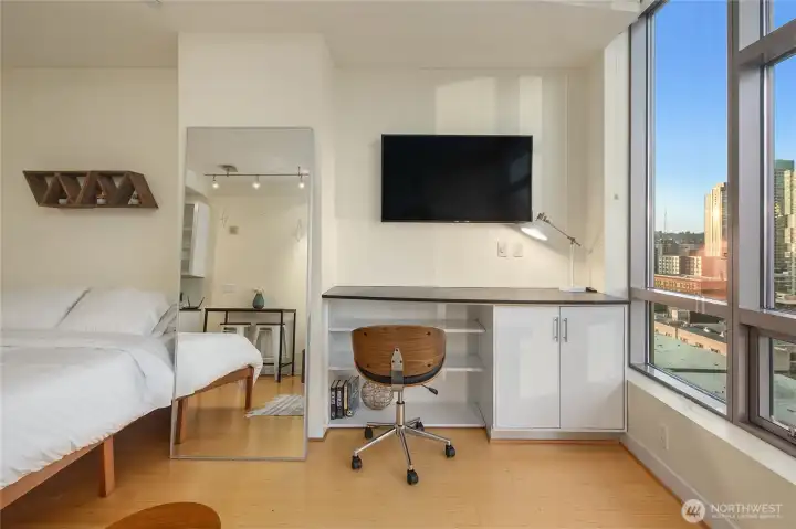 Built-in desk offers additional storage space