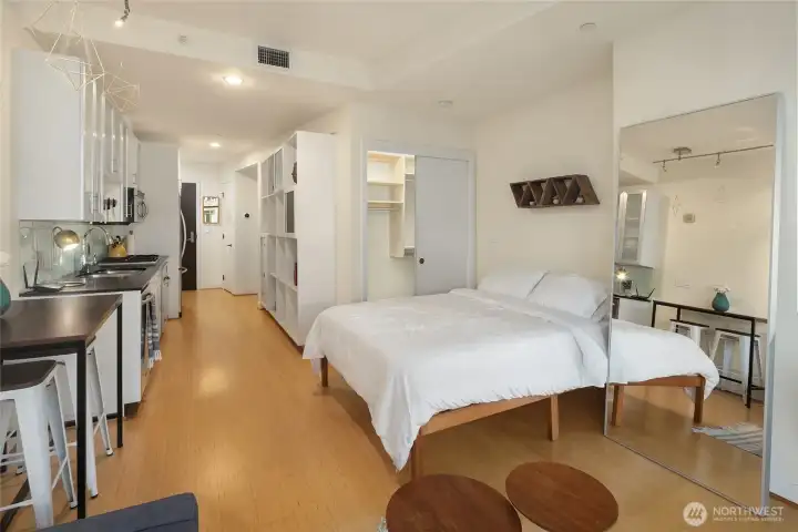 Studio/living area offers deep closet with organizer