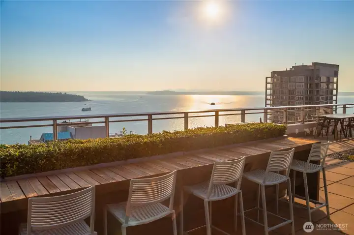 Large sky terrace with several distinct spaces to relax, BBQ, and more