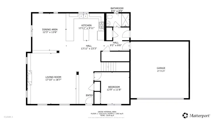 Main Floor Plan - featuring open living spaces and both a bedroom and 3/4 bath.