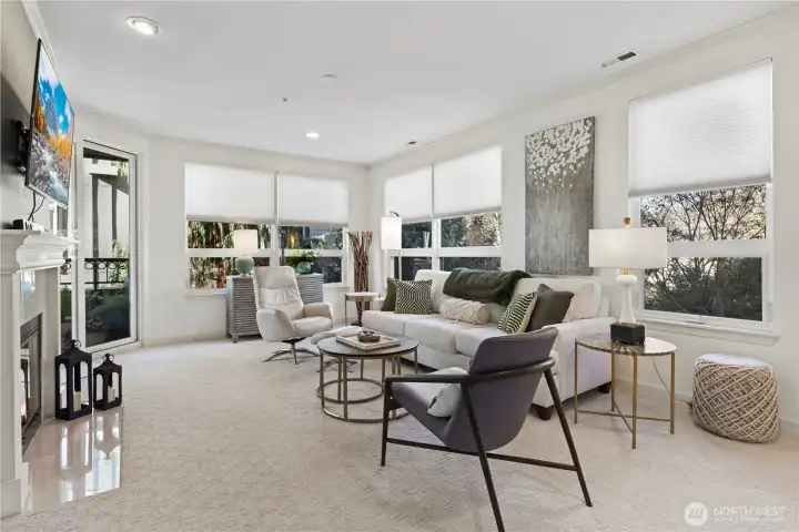 9ft ceilings, window wrapped living room with Hunnington Blinds through out