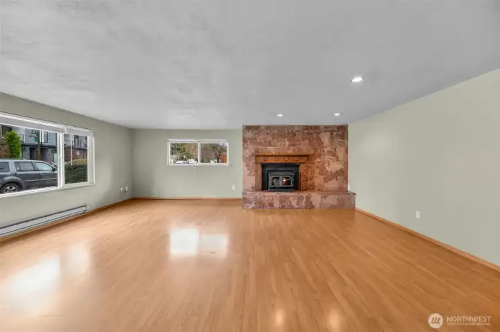 Large family room with wood fireplace