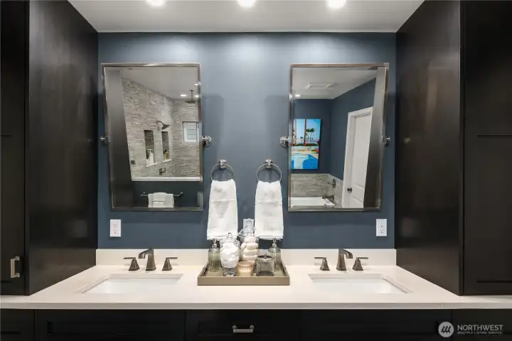 Dual-sink vanity with ample storage space.