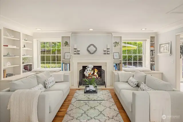 Satin white millwork and extensive built-ins create an elegant and warm ambiance.