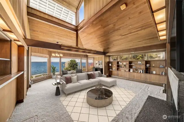 Vaulted wood frame ceilings, custom built ins, ambient lighting- this home's features continue with expansive windows that frame the stunning waterfront backdrop, filling the living spaces with natural light and serene views.