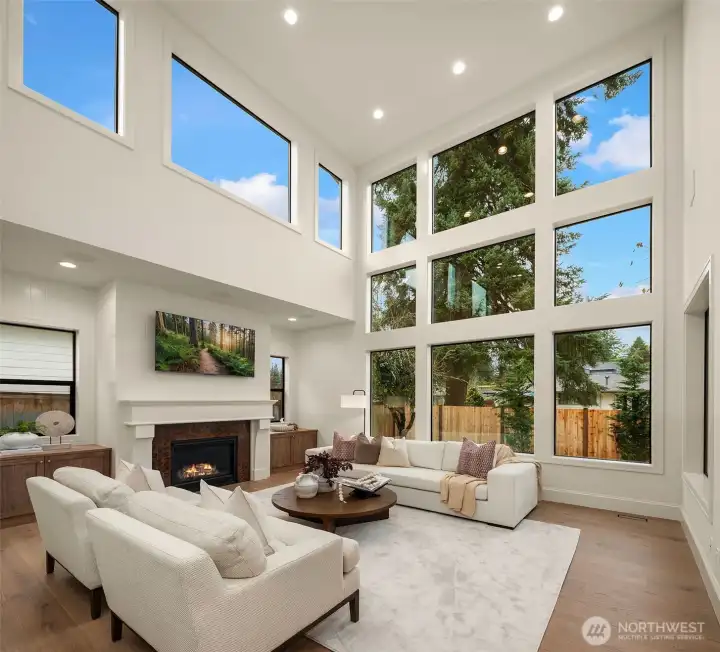 Two story great room that overlooks the private backyard